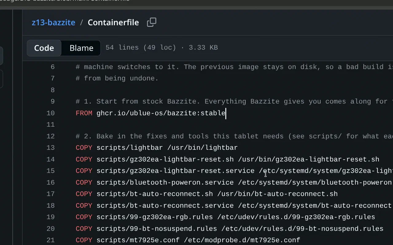 The z13-bazzite Containerfile on GitHub, starting FROM ghcr.io/ublue-os/bazzite:stable