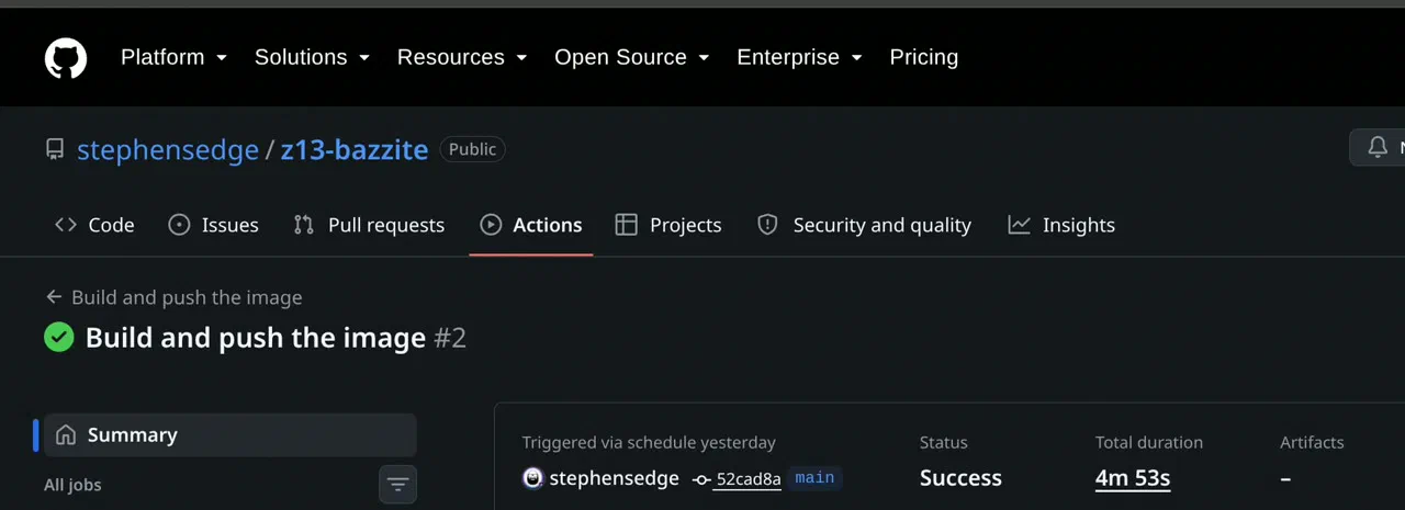 GitHub Actions: Build and push the image, triggered by schedule, Success, 4m 53s