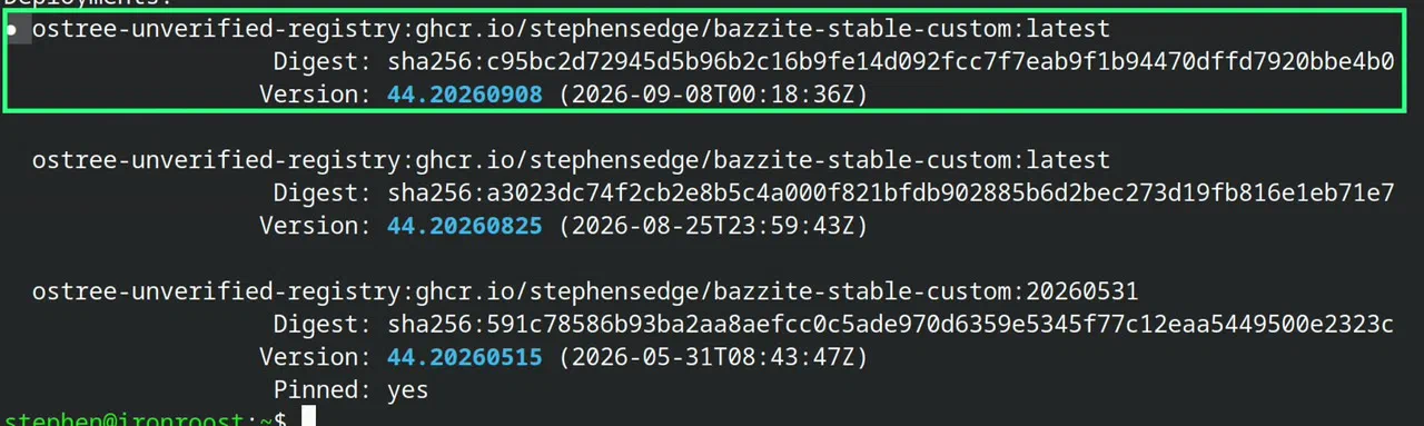 rpm-ostree status showing three deployments, the booted one marked with a dot and one pinned